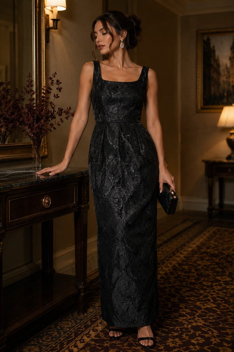 Vintage 1960s Black Floral Jacquard Evening Gown Maxi Dress Wiggle Formal 6